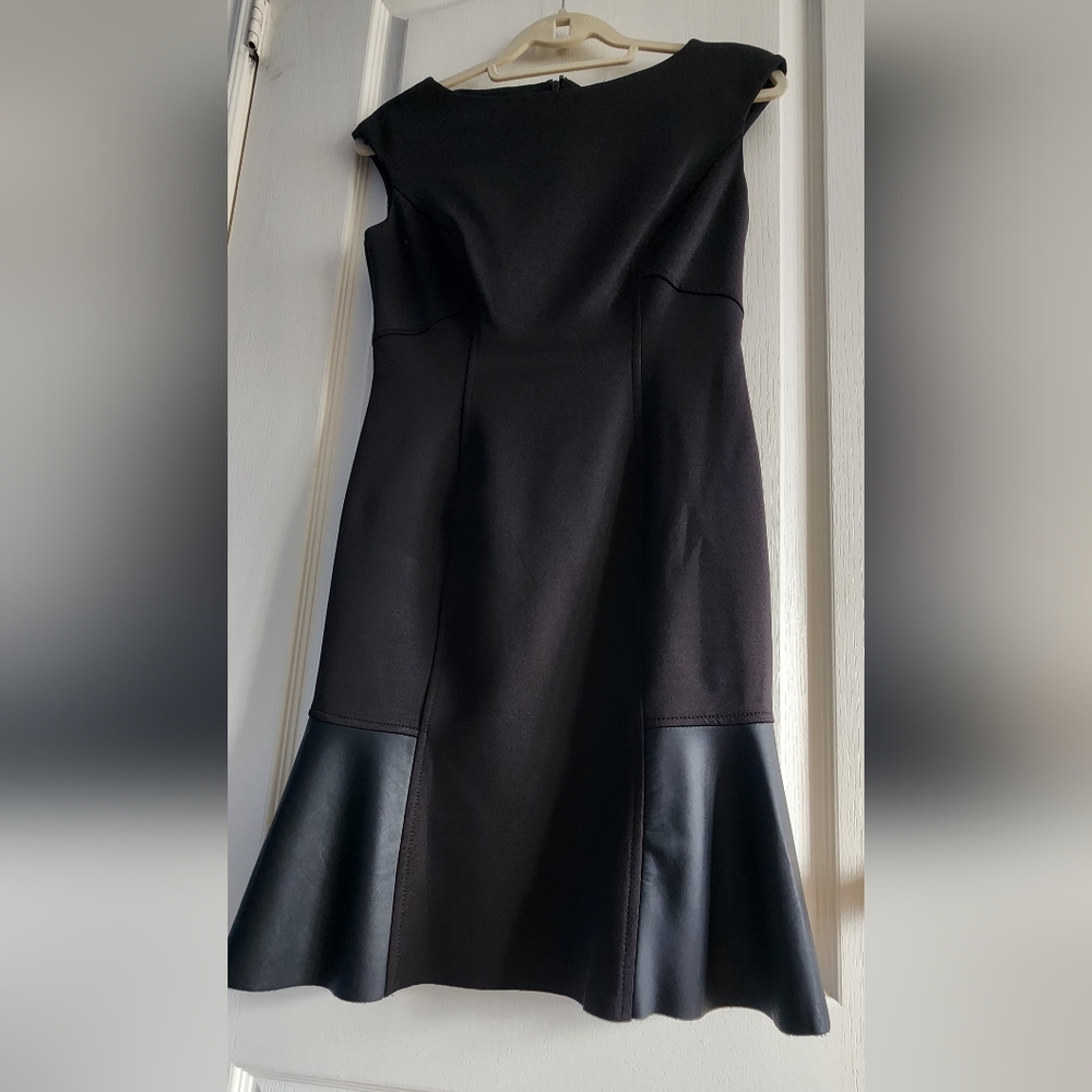 Chaps Black Midi Dress with Faux Leather Flare